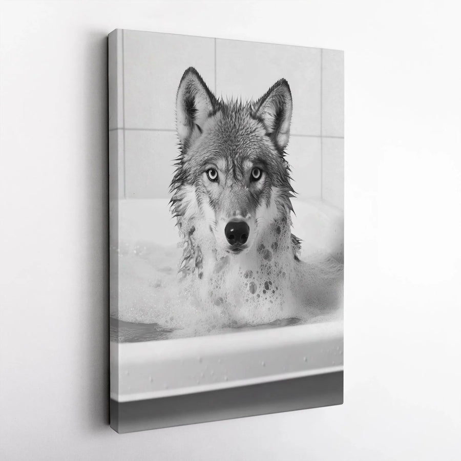 Funny Wolf in Bathtub Canvas Wall Art | Black and White Animal Photography | Premium 1.25" Thick Gallery Print | Unique Bathroom Decor Gift for Wolf Lover