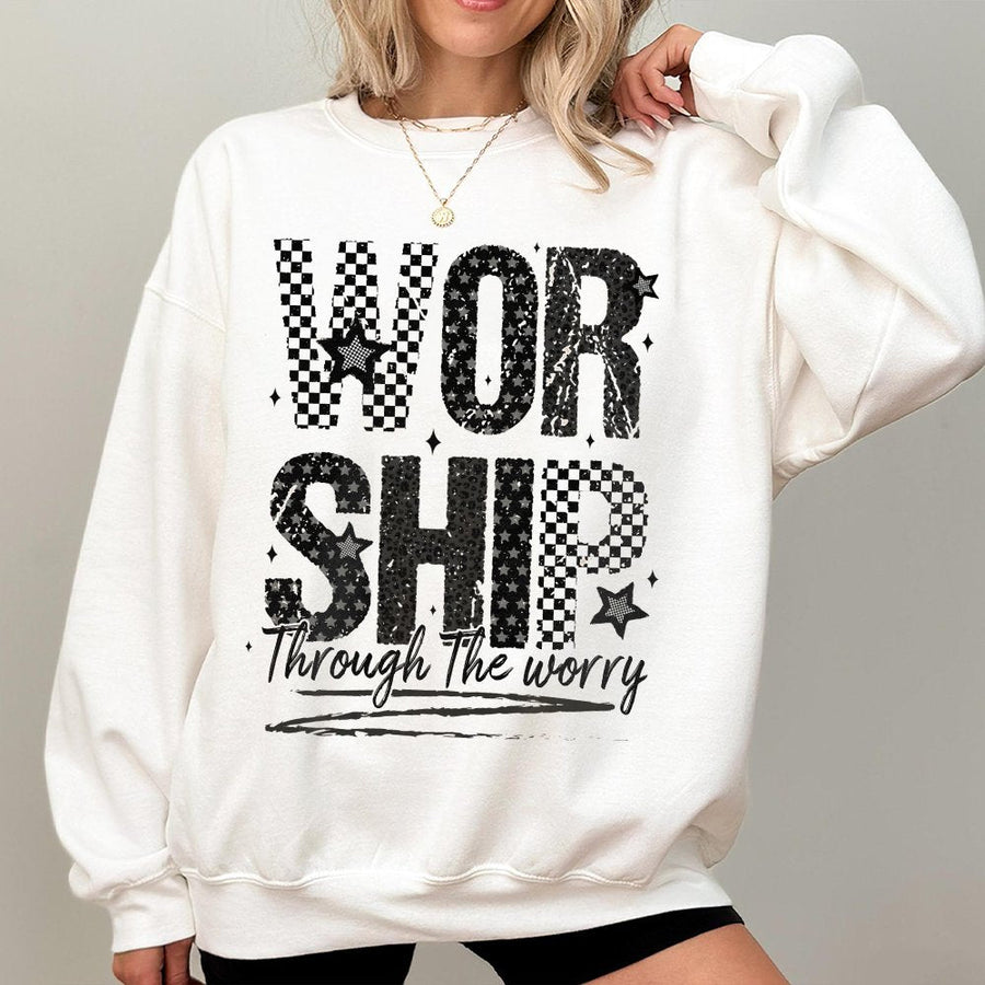 Worship Through The Worry Sweatshirt | Checkerboard Faith Graphic | Cotton Blend Premium Crewneck | Christian Apparel Religious Gift For Her