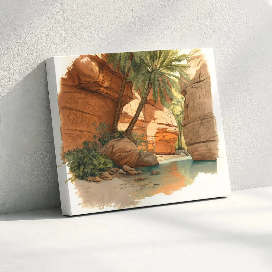 Desert Canyon Oasis Wall Art | Ancient Rock Carvings Palm Tree Sketch | Premium 1.25" Gallery Wrap Canvas | Exotic Travel Decor For Home Or Office