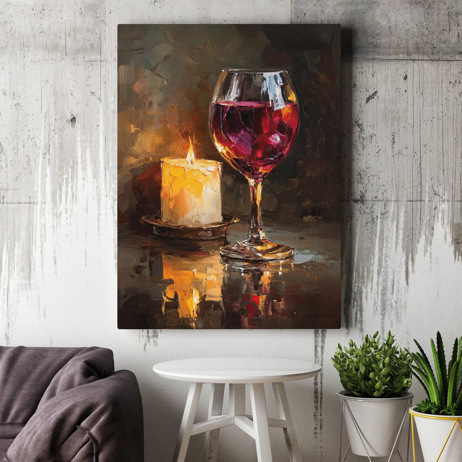 Red Wine and Candle Canvas Print | Impressionist Oil Painting Wall Art | Premium 1.25 Inch Thick Gallery Wrap | Elegant Home Decor for Dining Room