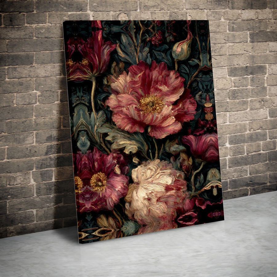 Dark Floral Canvas Wall Art | Moody Botanical Oil Painting Style | Premium 1.25" Thick Gallery Wrap | Gothic Victorian Home Decor Gift