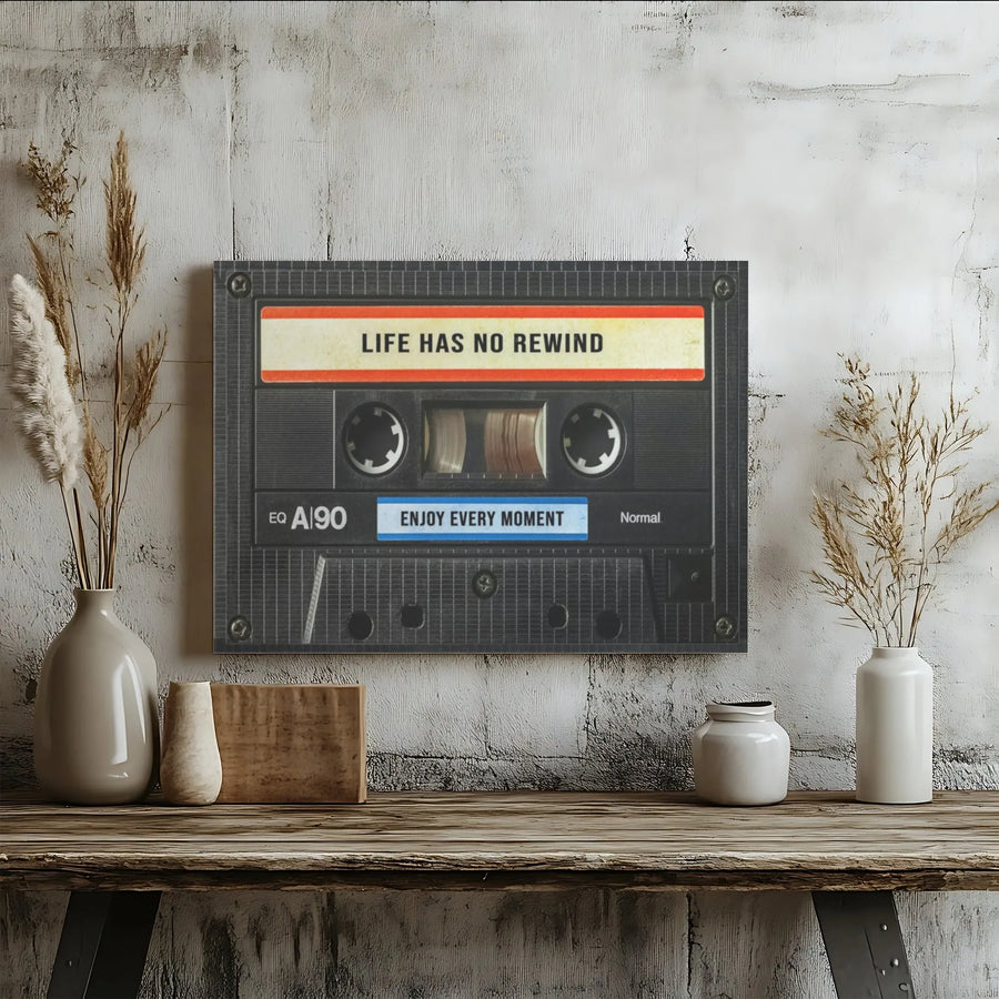 Life Has No Rewind Wall Art | Retro Cassette Tape Design | Gallery Wrapped Canvas | Motivational Office Decor & Gift for Music Lovers