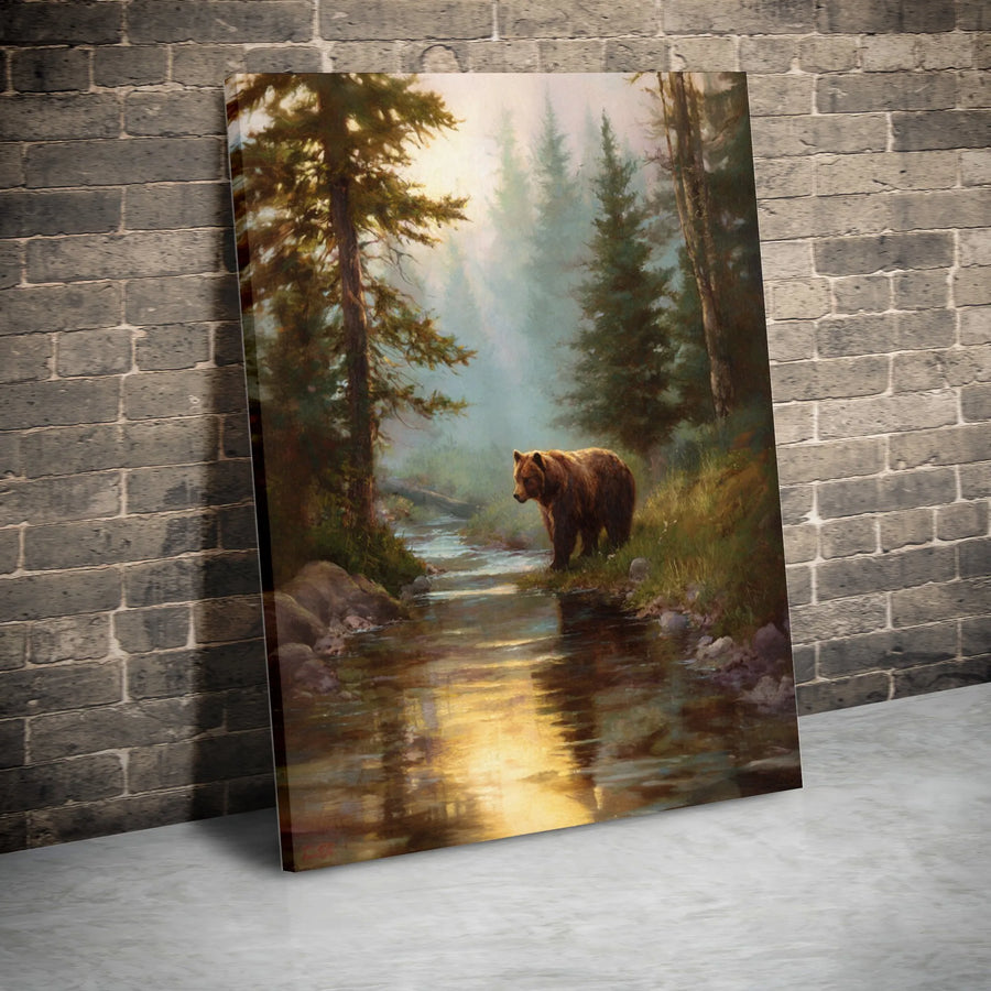 Grizzly Bear Canvas Wall Art | Misty Forest River Painting | Premium Gallery Wrapped Canvas | Rustic Cabin & Lodge Decor Gift