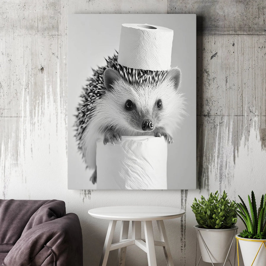 Hedgehog Canvas Wall Art | Funny Toilet Paper Hat Portrait | 1.25 Inch Gallery Wrap | Quirky Bathroom Decor & Unique Gift for Animal Lovers