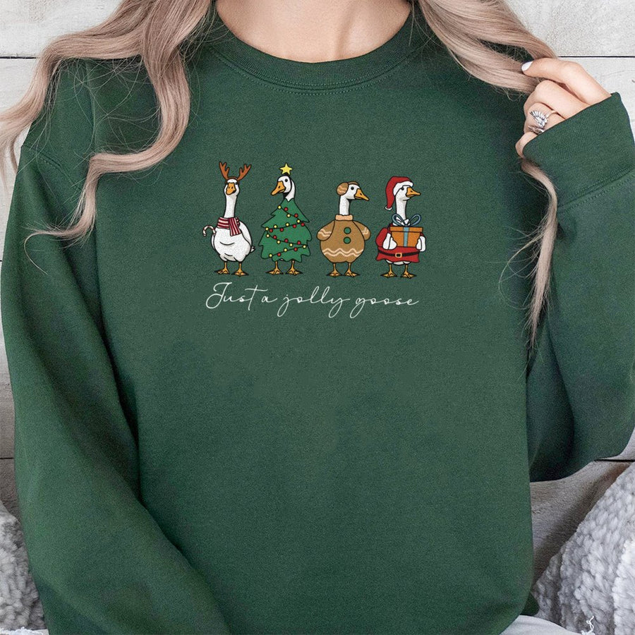 Just A Jolly Goose Sweatshirt | Festive Christmas Bird Graphic | Soft Cotton Blend Unisex Pullover | Funny Holiday Animal Gift For Her