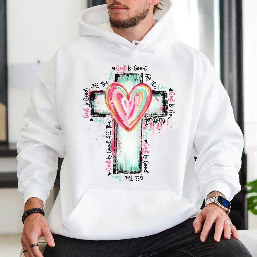 God Is Good All The Time Hoodie | Watercolor Cross Heart Design | Premium Cotton Blend | Christian Faith Gift For Women And Men