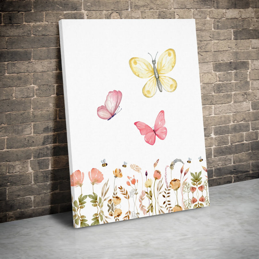 Watercolor Butterfly Canvas Wall Art | Minimalist Wildflower & Bee Illustration | Premium Gallery Wrapped Canvas | Nursery & Girls Room Decor