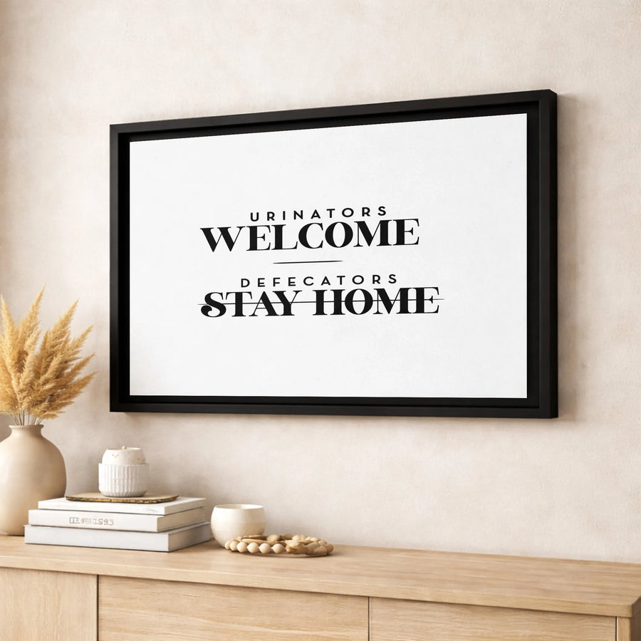 Funny Bathroom Wall Art | Urinators Welcome Defecators Stay Home Typography | 1.25-Inch Premium Gallery Canvas | Humorous Restroom Decor Gift