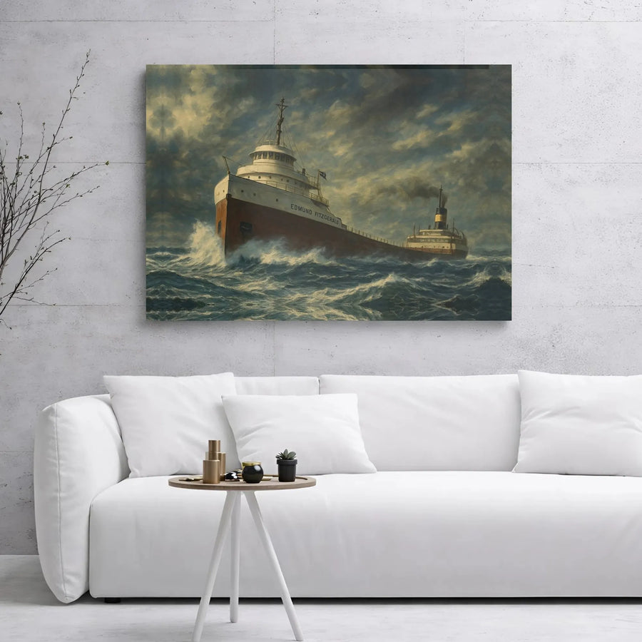 Edmund Fitzgerald Canvas Wall Art | Great Lakes Freighter Storm Painting | Premium Gallery Wrapped Decor | Nautical Gift for History Buffs