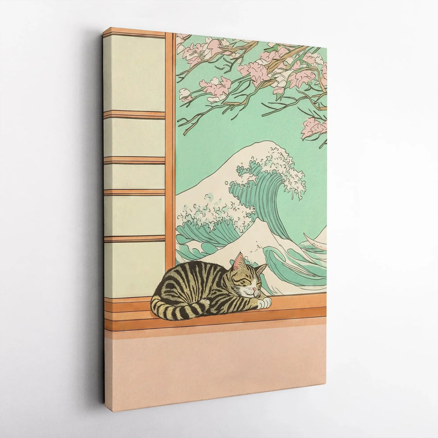 Ukiyo-E Cat Canvas Wall Art | Japanese Great Wave & Cherry Blossom Decor | Premium 1.25-Inch Gallery Wrap | Unique Gift for Cat Lovers