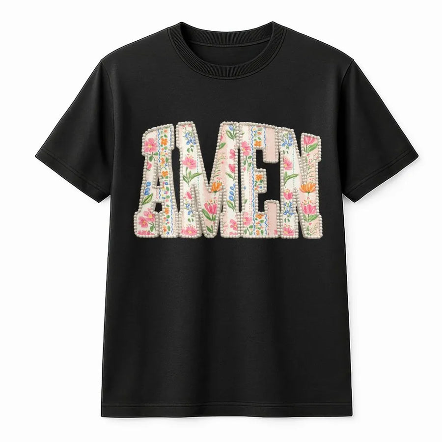 Amen Floral T-Shirt | Vintage Christian Apparel with Faux Pearl Detail | Soft Cotton Blend Pullover | Inspirational Faith Gift for Women