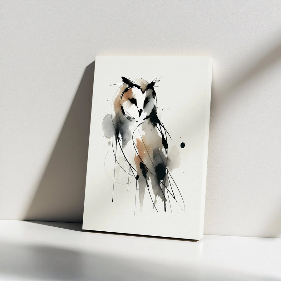 Abstract Owl Vertical Canvas | Minimalist Ink Wash Sketch Art Print | Premium Thick Frameless Design | Modern Home Decor Collector's Gift