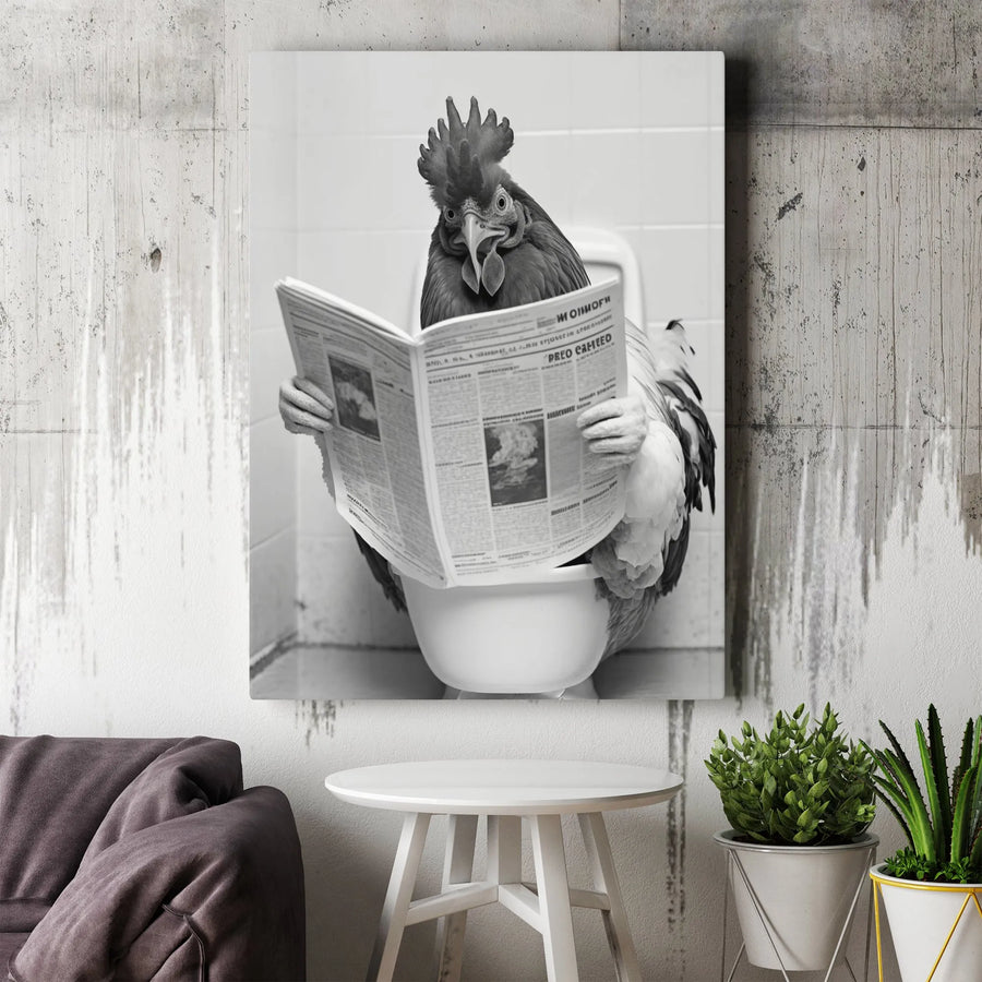 Funny Rooster on Toilet Canvas | Black and White Bathroom Art | Premium Frameless Wall Decor | Quirky Farmhouse Animal Print Gift