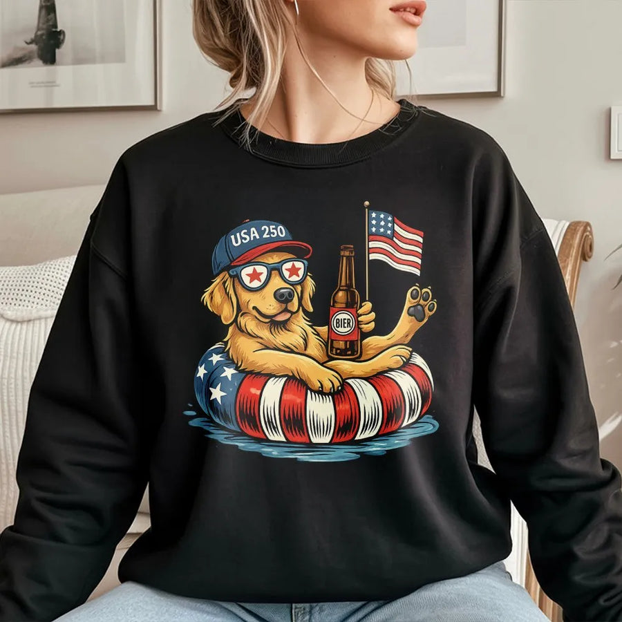 Patriotic Dog Sweatshirt for 4th of July | Funny Golden Retriever with Beer & Flag | Soft Cotton Unisex Tee | Independence Day Gift for Dog Lovers