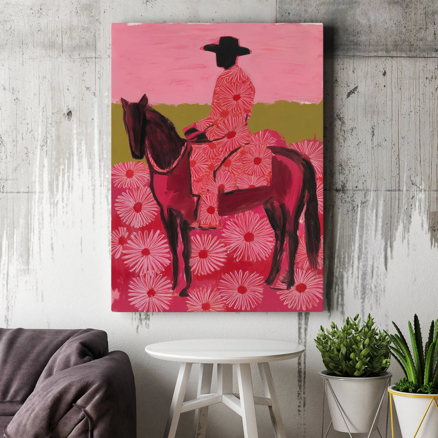 Floral Cowboy Vertical Canvas | Abstract Pink Western Horse Art | Premium Gallery Wrapped Print | Modern Farmhouse Decor Gift