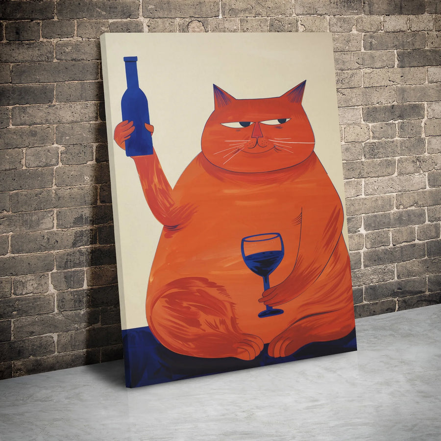Funny Orange Cat Canvas Wall Art | Whimsical Wine Lover Painting | 1.25" Gallery Wrapped Premium Print | Perfect Gift for Cat Moms & Wine Enthusiasts
