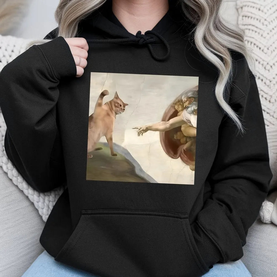 Cat Creation Of Adam Hoodie | Funny Renaissance Art Graphic | Premium Cotton Blend Streetwear | Unique Artistic Gift For Cat Lovers