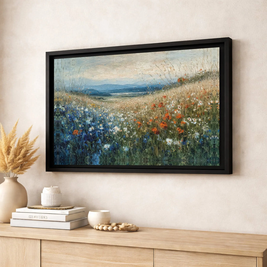 Impressionist Wildflower Field Canvas | Mountain Meadow Landscape Art | Premium Gallery Wrapped Print | Nature Wall Decor Gift for Home