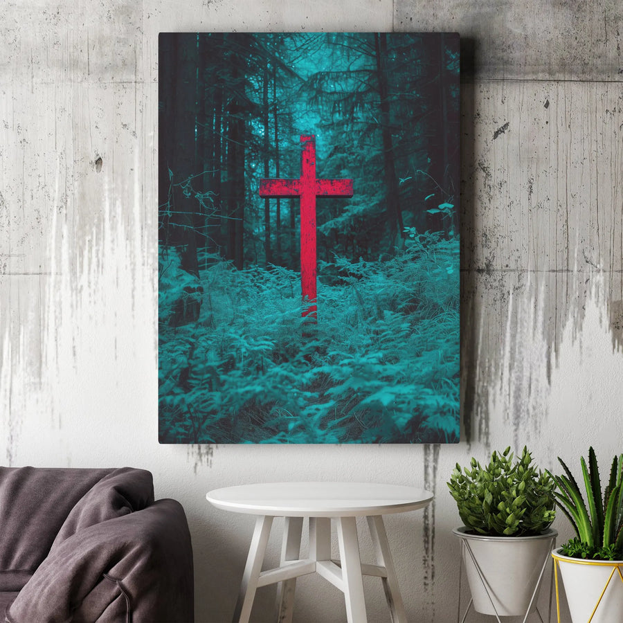 Christian Cross Wall Art Canvas | Moody Dark Forest Scene with Red Cross | Premium Gallery Wrapped Print | Modern Spiritual Home Decor Gift