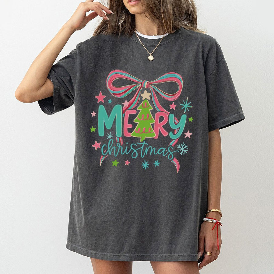 Merry Christmas T-Shirt | Pastel Bow & Holiday Tree Graphic | 100% Cotton Premium Tee | Cute Festive Gift for Her