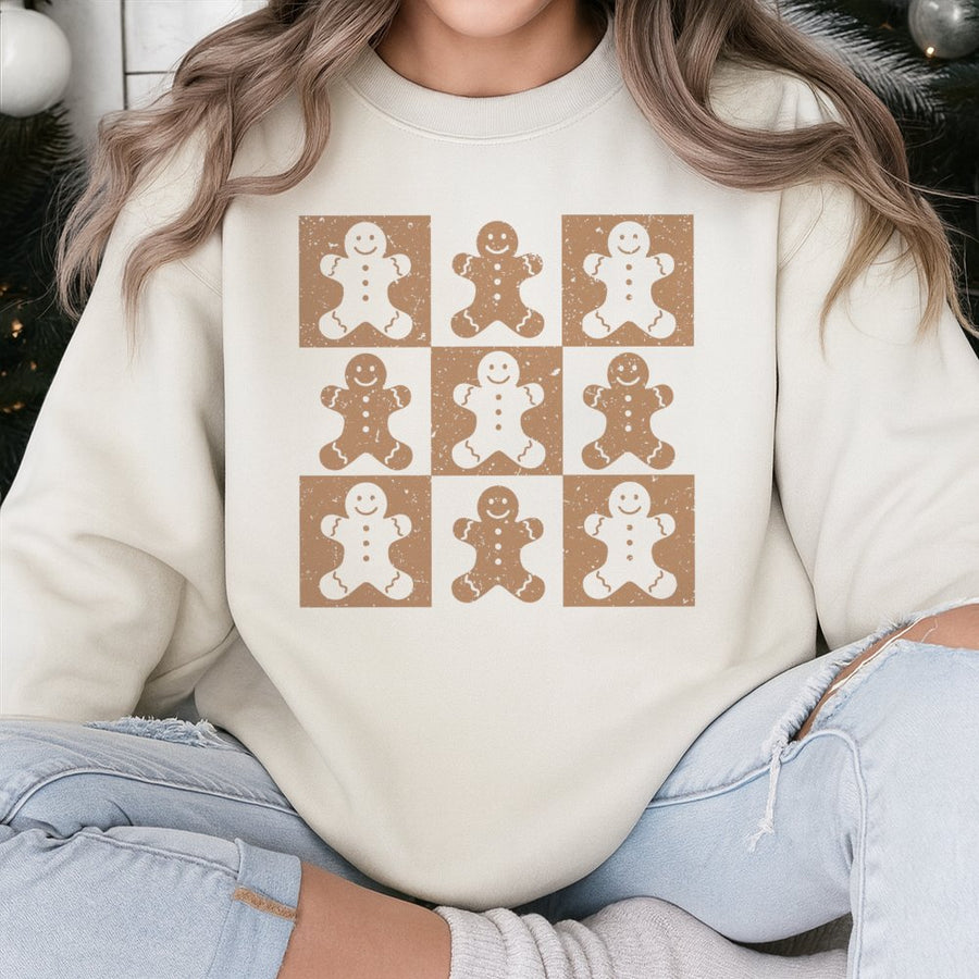 Gingerbread Man Sweatshirt | Retro Checkerboard Holiday Print | Soft Cotton-Blend Crewneck | Cute Christmas Gift For Her Or Him