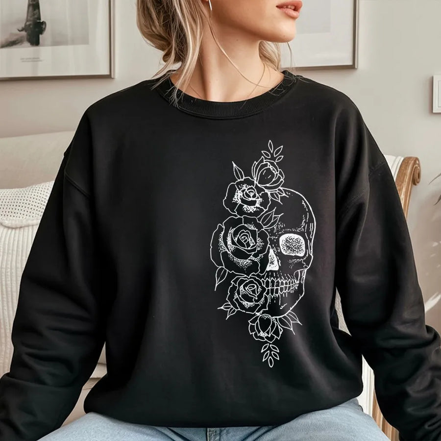 Skull Rose Sweatshirt | Artistic Floral Graphic Print | Premium Cotton Blend Crewneck | Unisex Aesthetic Goth Apparel Gift For Women And Men
