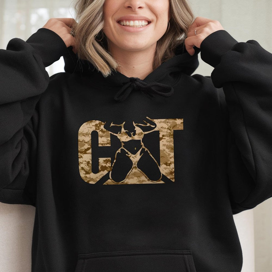 Camo Cat Hoodie | Camouflage Animal Graphic Print | Soft Cotton-Poly Blend | Unisex Gift for Cat Lovers and Wildlife Enthusiasts