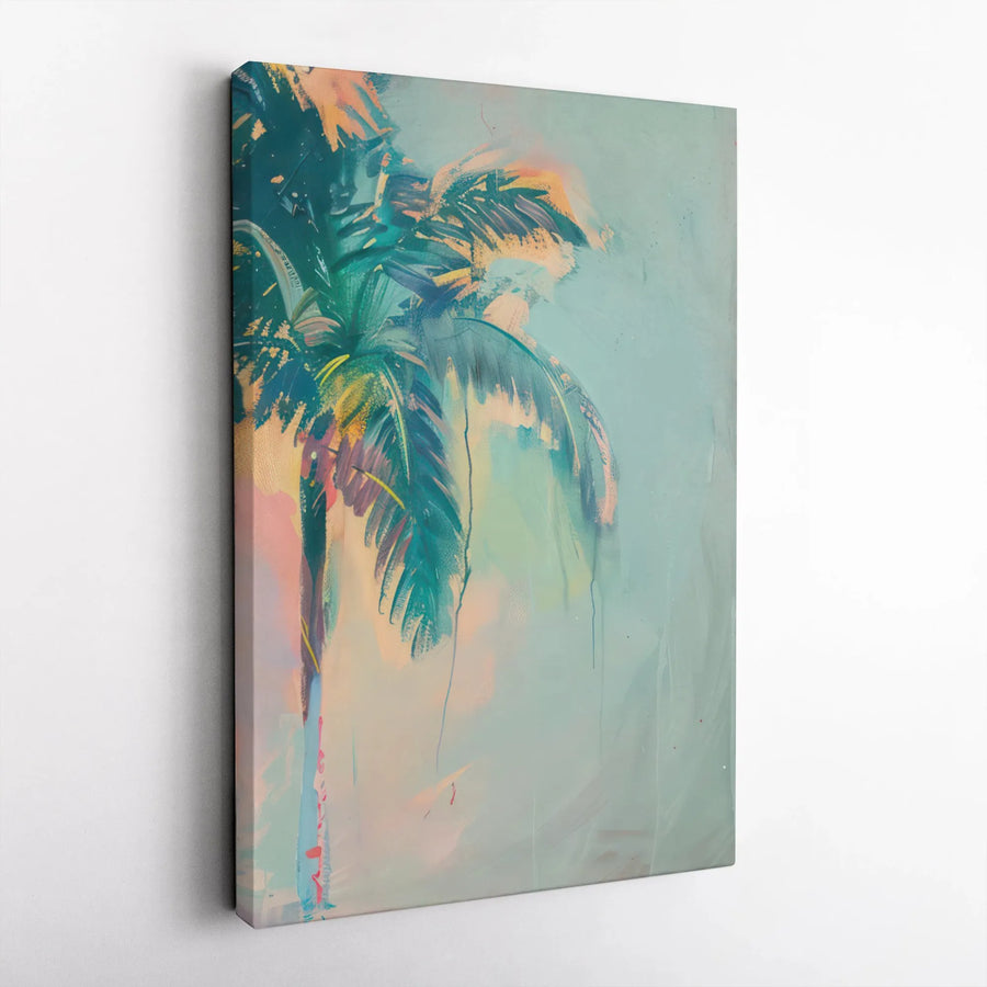 Abstract Palm Tree Canvas Wall Art | Teal and Pink Coastal Print | Premium Gallery Wrap 1.25” Frame | Modern Beach House Decor for Living Room