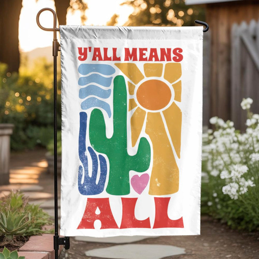 Y'all Means All Garden Flag | Retro Southwestern Cactus Sun Decor | Premium Weather-Resistant Polyester | Welcoming Outdoor Yard Sign Gift