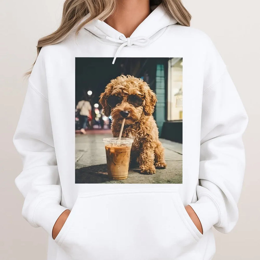 Cute Doodle Dog Hoodie | Puppy with Sunglasses Drinking Iced Coffee | Premium Cotton Blend Sweatshirt | Gift for Goldendoodle Mom Dad
