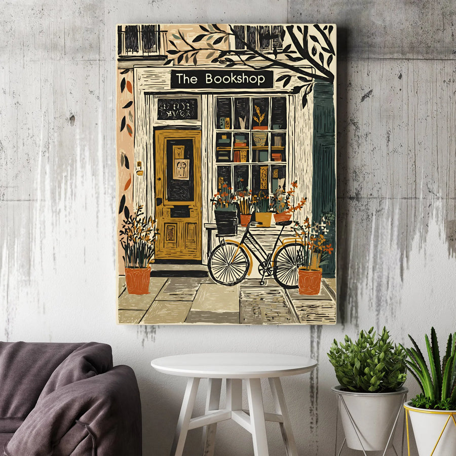 Bookshop Canvas Wall Art | Linocut Style Bookstore Illustration | Premium Gallery Print | Collector's Literary Gift for Readers