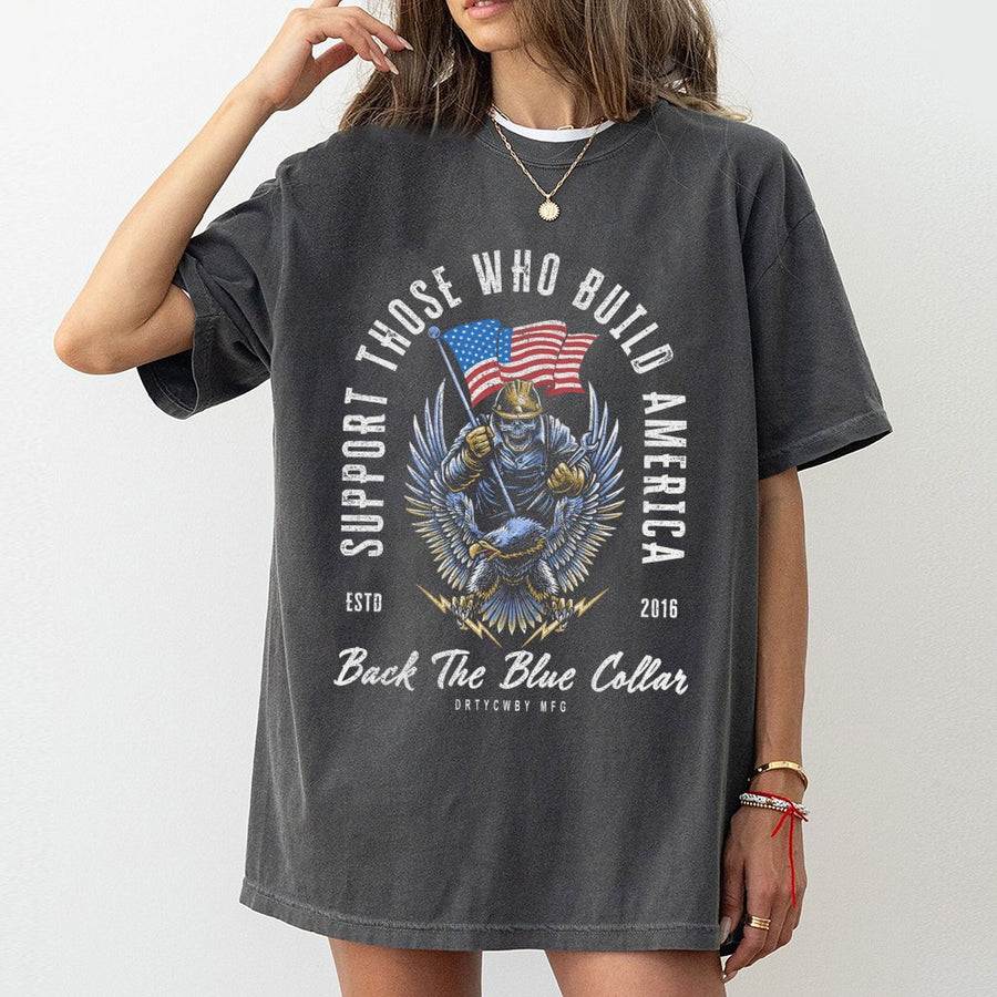 Blue Collar Worker T-Shirt | American Flag Eagle Skeleton Graphic | Premium Soft Cotton Tee | Patriotic Construction Trade Gift for Men