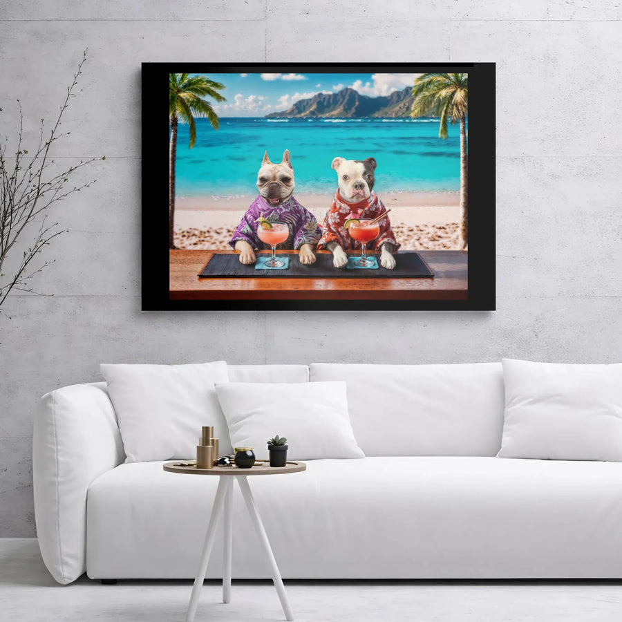 French Bulldog And Boston Terrier Canvas | Tropical Beach Bar Cocktail Art | 1.25-Inch Gallery Wrap | Funny Dog Lover Home Decor Gift