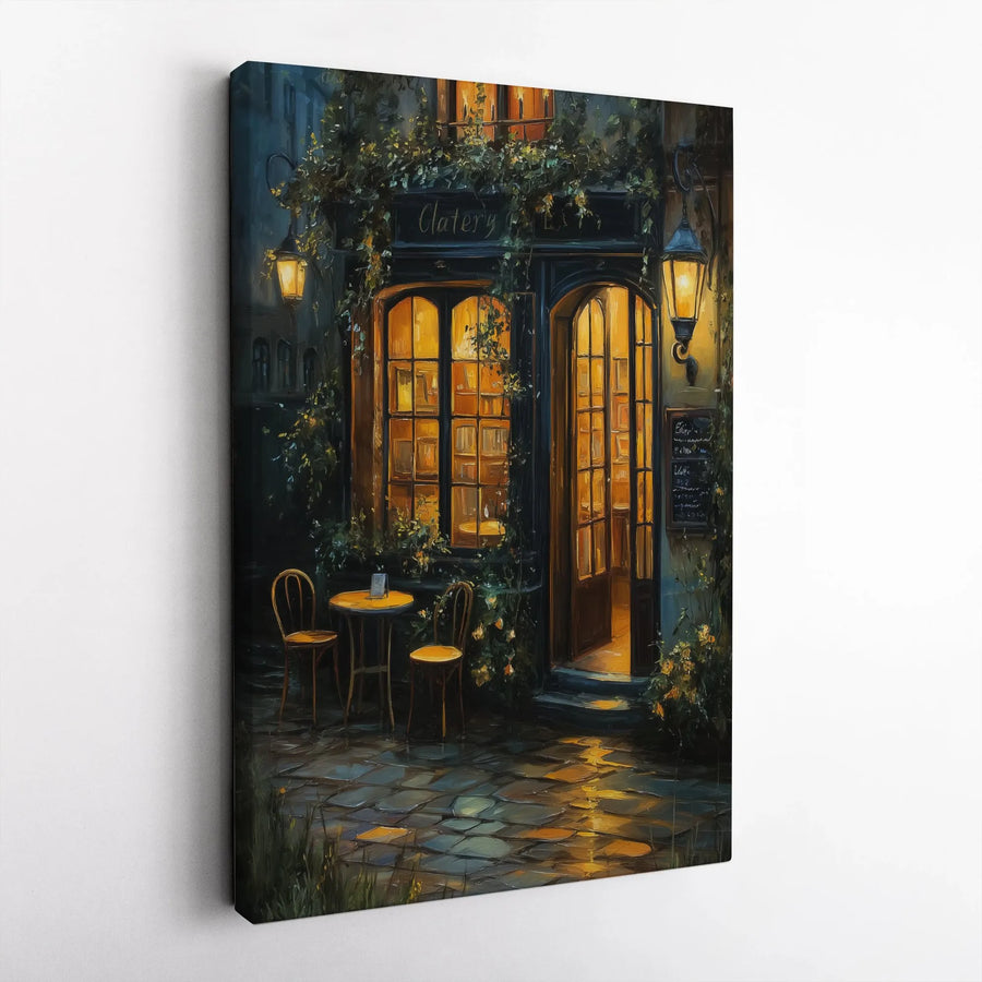 Parisian Cafe Canvas Print | Romantic European Street Scene at Night | Gallery Quality Wall Art | Cozy Home Decor Gift for Book Lovers