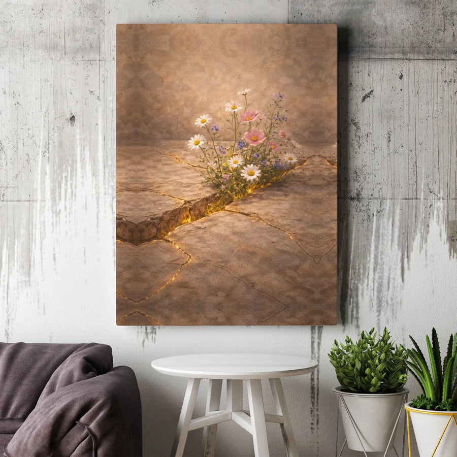 Inspirational Wildflower Canvas Wall Art | Kintsugi Inspired Golden Crack Design | Premium Gallery Wrapped Canvas | Motivational Gift for Growth & Resilience