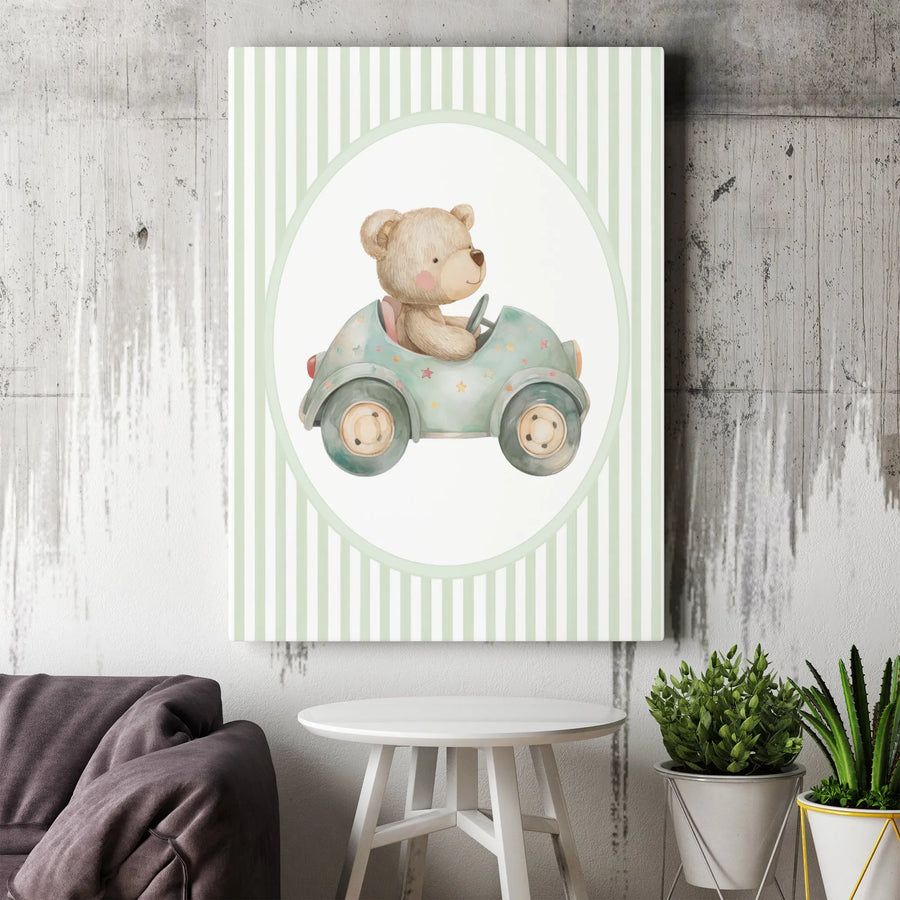 Teddy Bear Wall Art | Watercolor Driving Car Nursery Print | Premium Gallery Wrap Canvas | Gender Neutral Baby Shower Gift