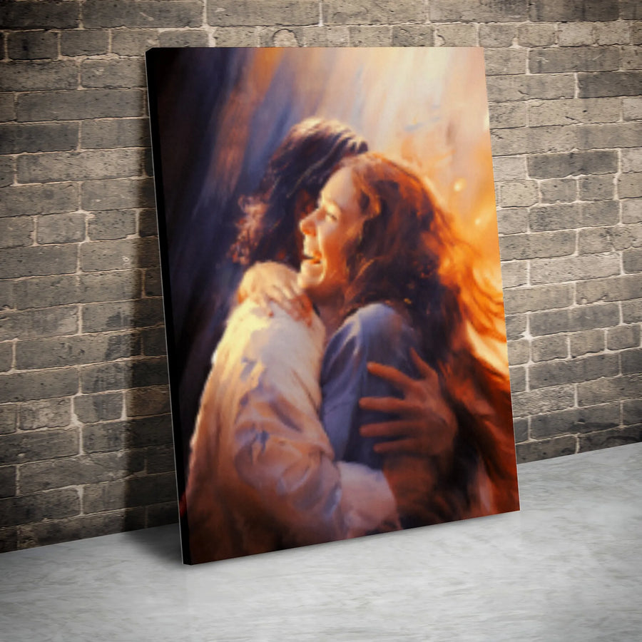 Jesus Embracing Woman Canvas Print | First Day In Heaven Wall Art | Premium Gallery Wrap Religious Decor | Spiritual Comfort Gift For Believers