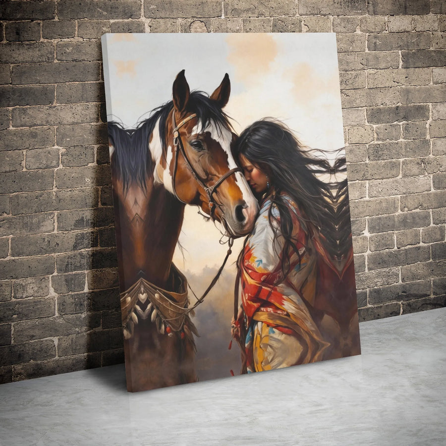 Native American Woman And Horse Canvas Art | Western Boho Wall Decor | Premium Gallery Wrap Print | Southwestern Cultural Gift For Home