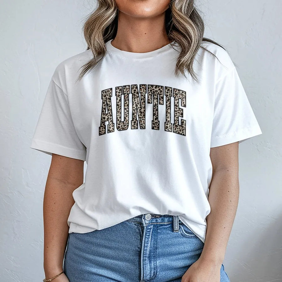 Auntie T-Shirt | Leopard Print Varsity Lettering | 100% Soft Cotton Tee | Cute Gift for Aunt and Auntie Birthday Announcement