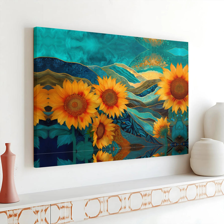 Abstract Sunflower Canvas Art | Teal and Gold Mountain Landscape | Premium Gallery Wrap | Floral Wall Decor Gift for Home