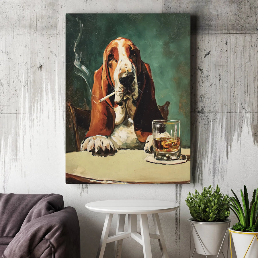 Smoking Basset Hound Canvas Wall Art | Vintage Painting Style Funny Dog Art | Premium Gallery Wrap Canvas | Man Cave Decor & Home Bar Gift