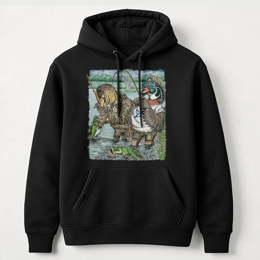 Fishing Hoodie | Funny Duck Angler Graphic Design | Premium Cotton Blend | Gift for Bass Fishermen and Outdoor Enthusiasts