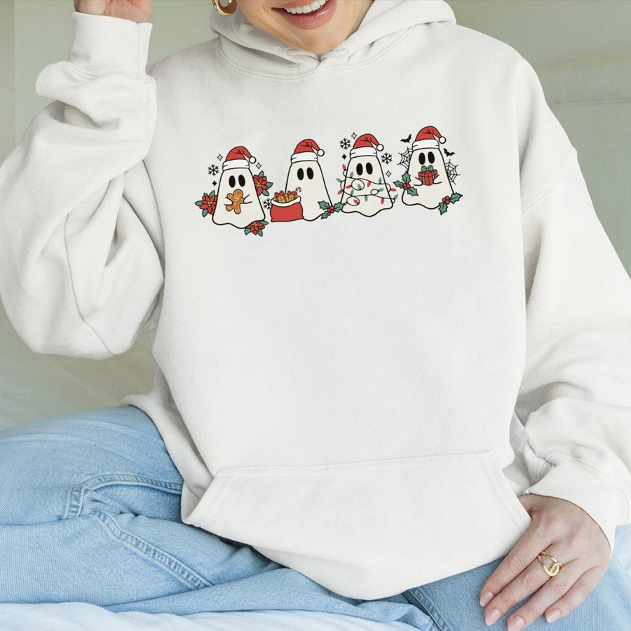 Christmas Ghost Hoodie | Festive Holiday Santa Ghost Graphic | Premium Cotton Blend Unisex Sweatshirt | Cute Xmas Winter Gift for Her