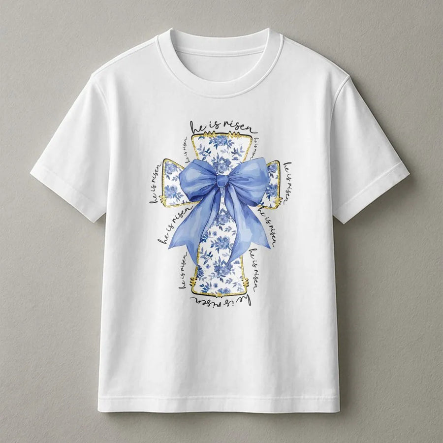 He Is Risen T-Shirt | Blue Floral Cross & Bow Graphic | 100% Cotton Premium Tee | Christian Easter Gift for Women