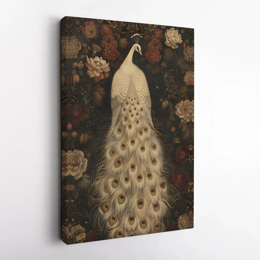 White Peacock Wall Art Canvas | Moody Botanical Dark Floral Print | Gallery Wrap 1.25 Inch Premium Decor | Elegant Bird Home Office Gift