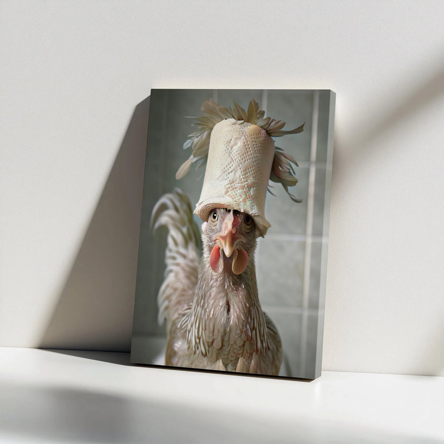 Funny Chicken Wall Art | Whimsical Rooster with Toilet Paper Hat | Premium Gallery Wrapped Canvas | Quirky Farmhouse Decor Gift