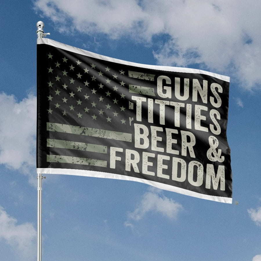 Guns Beer and Freedom Flag | Patriotic Camo USA House Banner | Premium Weather-Resistant Polyester | Funny Novelty Gift for Him