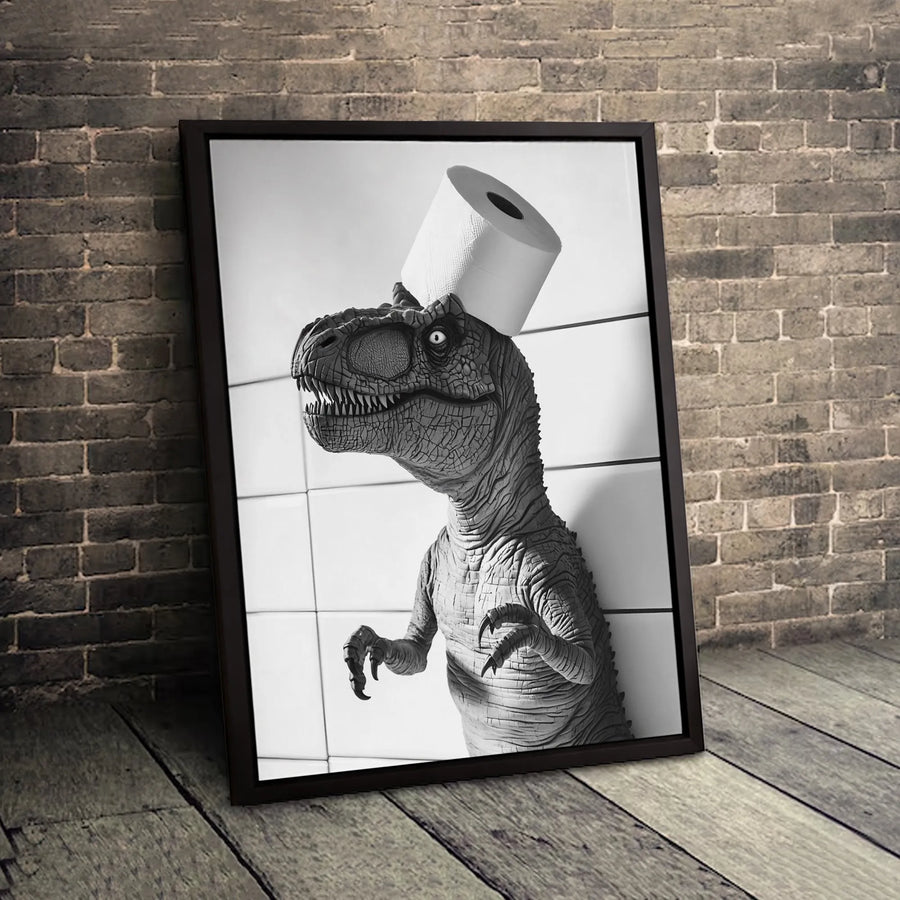 Funny T-Rex Bathroom Wall Art | Dinosaur With Toilet Paper Canvas Print | Premium Fade-Resistant Decor | Quirky Gift for Bathroom Enthusiasts