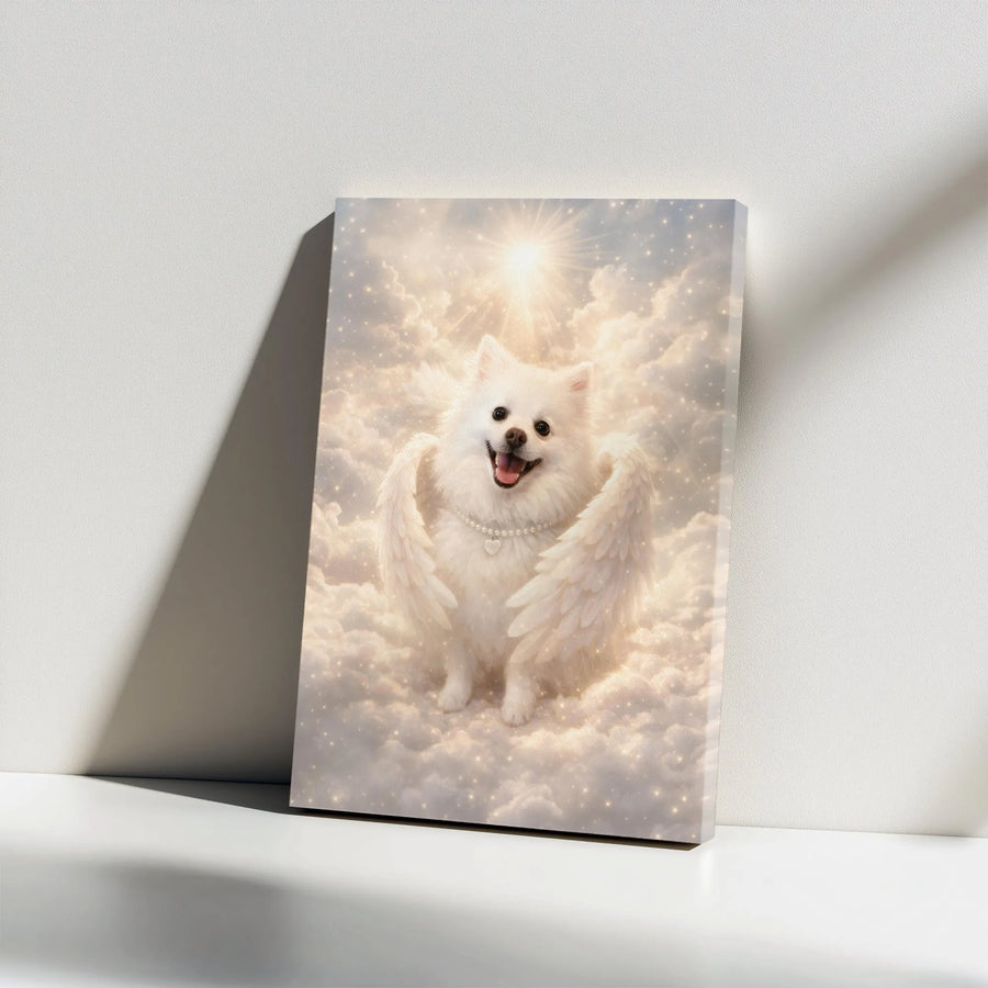 Dog Memorial Canvas Wall Art | Smiling Pomeranian with Angel Wings in Heaven | Premium Gallery Wrapped Canvas | Pet Loss Sympathy Gift for Dog Lovers