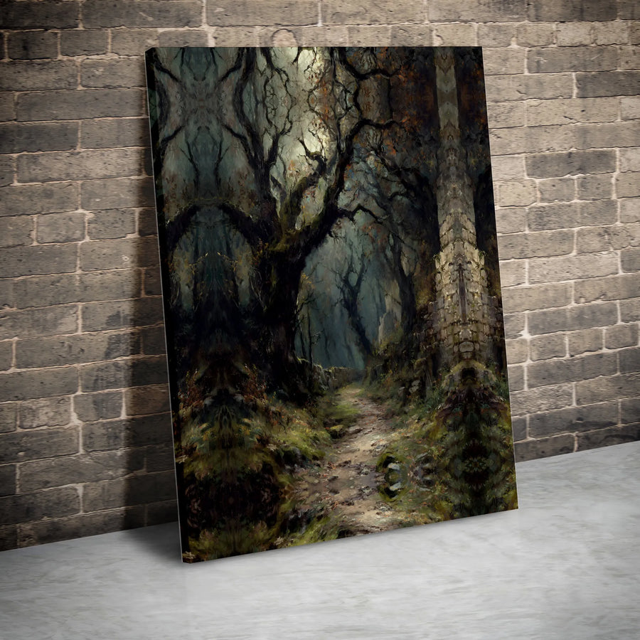 Dark Enchanted Forest Canvas Wall Art | Moody Woodland Path Oil Painting Print | Gallery-Quality 1.25 Inch Stretched Canvas | Gothic Home Office Decor